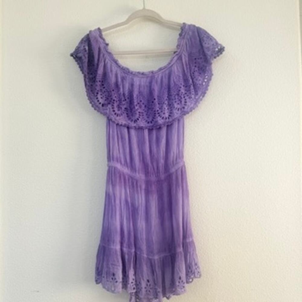 RAMY BROOK Off Shoulder Boho Eyelet Mini Dress Purple Peasant Festival Medium - Picture 7 of 9